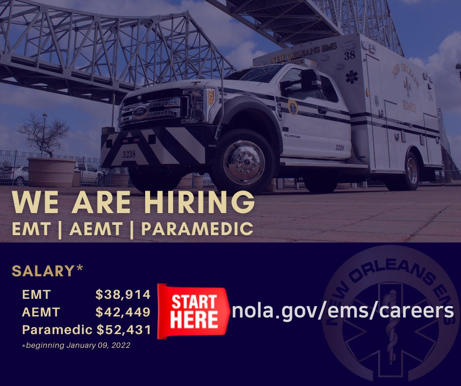 NewOrleansEMS's tweet photo. WE ARE HIRING. 
Details at https://t.co/SHbVBixJ72 
#JoinNOEMS #emt #aemt #paramedic https://t.co/YEDEm5PtnQ