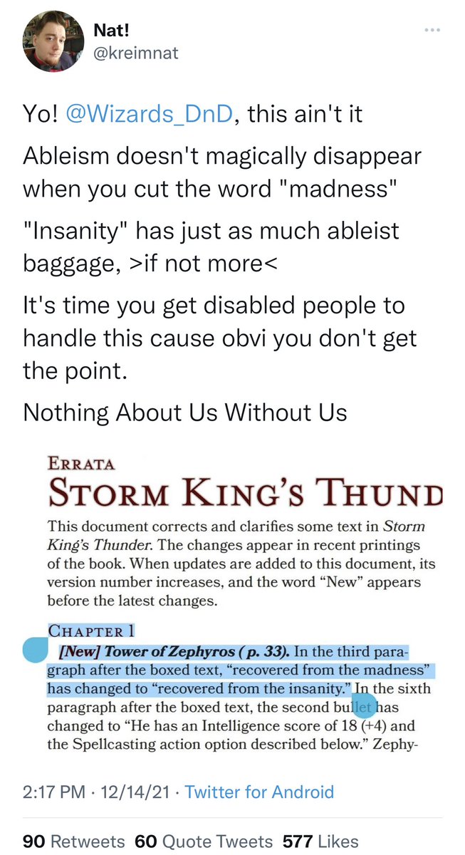 TinfoilhatNick's tweet photo. Meanwhile this is the type of insane madness that @Wizards_DnD will listen to when making Lore changes to #dungeonsanddragons. Please leave your IRL issues out of #DnD. It's fantasy game in a fantasy world. Why would you even bring this into it? #DnDisnt2ndLife #DnDgate https://t.co/BRmVaVKE9Z