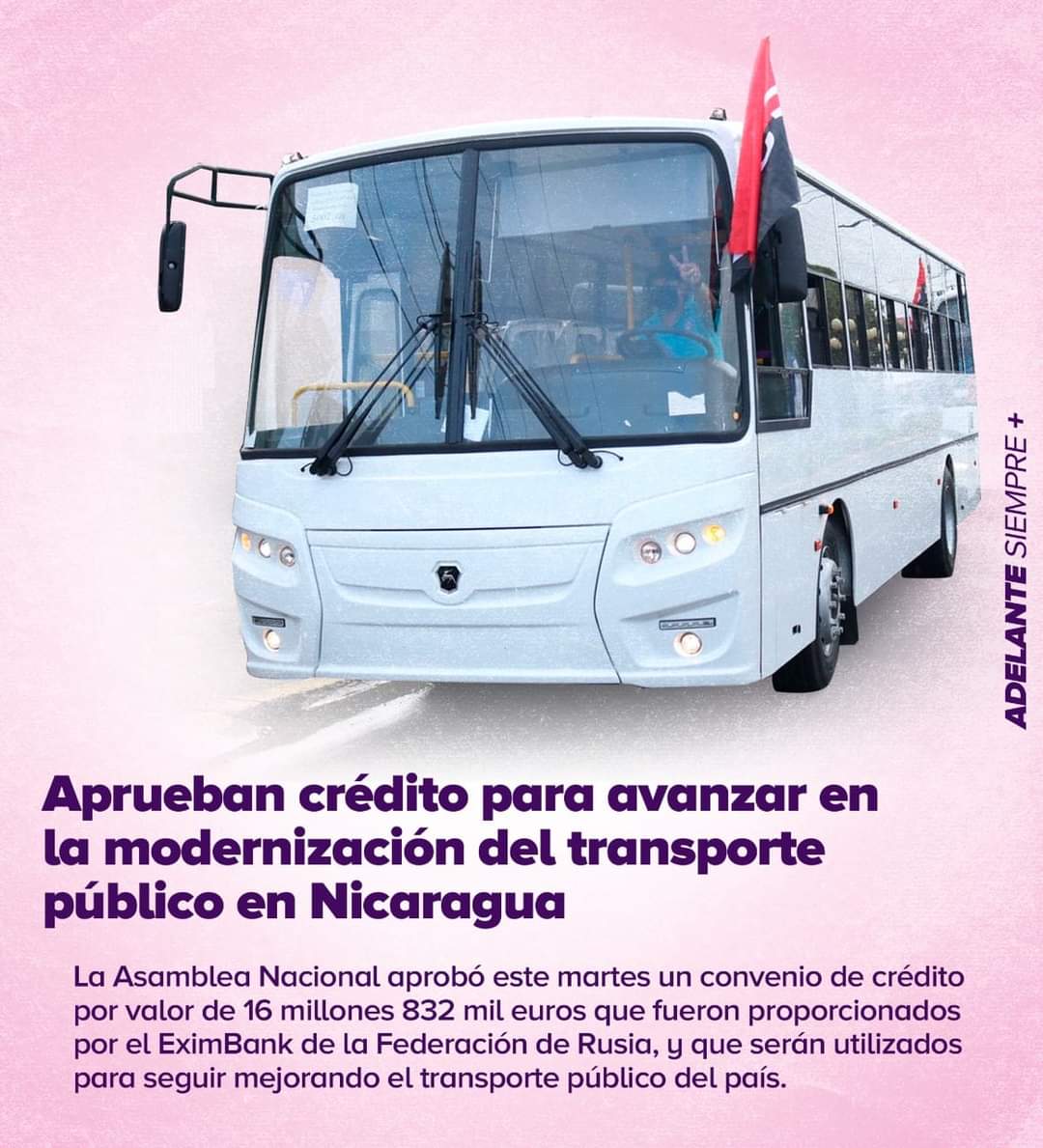 #DiciembreEnPazYVictorias|  La Asamblea Nacional de #Nicaragua, aprobó este martes un crédito que fue proporcionado por el EximBank de la Federación de #Rusia, para seguir mejorando el transporte público de nuestro país. ✊🇳🇮🇷🇺💵🚌

#Nicaragua