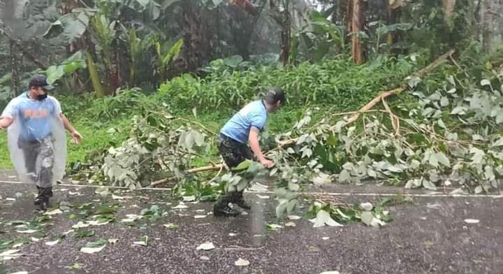 PJCorg's tweet photo. LOOK: Cops clear the road from felled trees located in Sogod, Southern Leyte. TCWS #4 has been hoisted in the province on Dec. 16, 2021. 11 AM. #OdettePH | Courtesy of: @manilabulletin https://t.co/KUmAYKzPVI