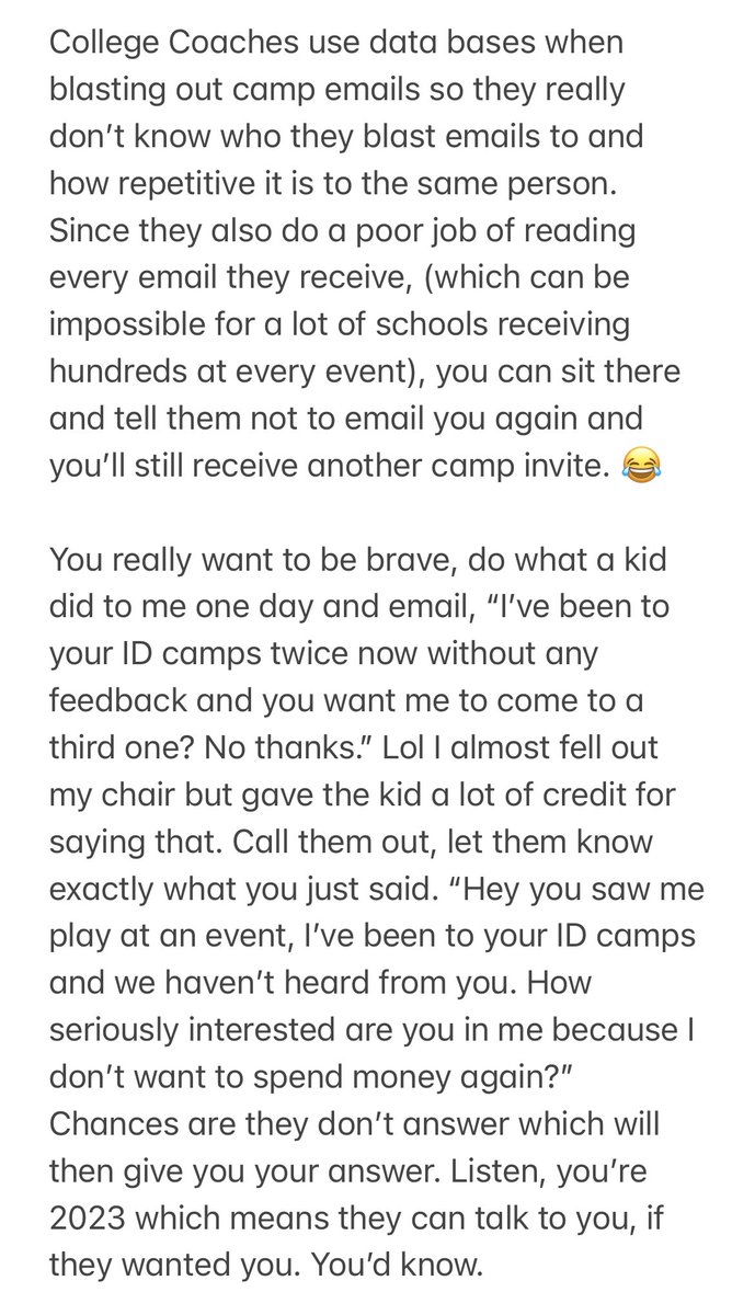 ImCollegeSoccer's tweet image. DM: So if they saw my 2023 kid play at an ECNL showcase and we’ve been to an ID camp and she has sent emails and film BUT all we get back is another ID camp invite -
They are not interested in her as a player correct?

-Parent 

#CSTruth Correct. ✅