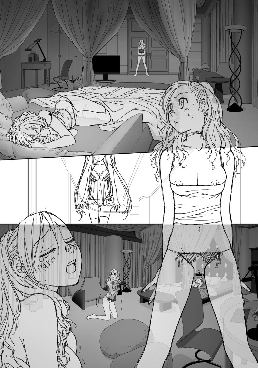 「My doll house」の下描き
台詞フキダシ擬音無し絵その、124
背景とかキャラのランジェリーとか趣味が入りまくっています😆
漫画は記号化の世界なのであまり髪型や服装を変えたりしない方が良いのですが、毎回考えるのが楽しいので変えまくりです😚