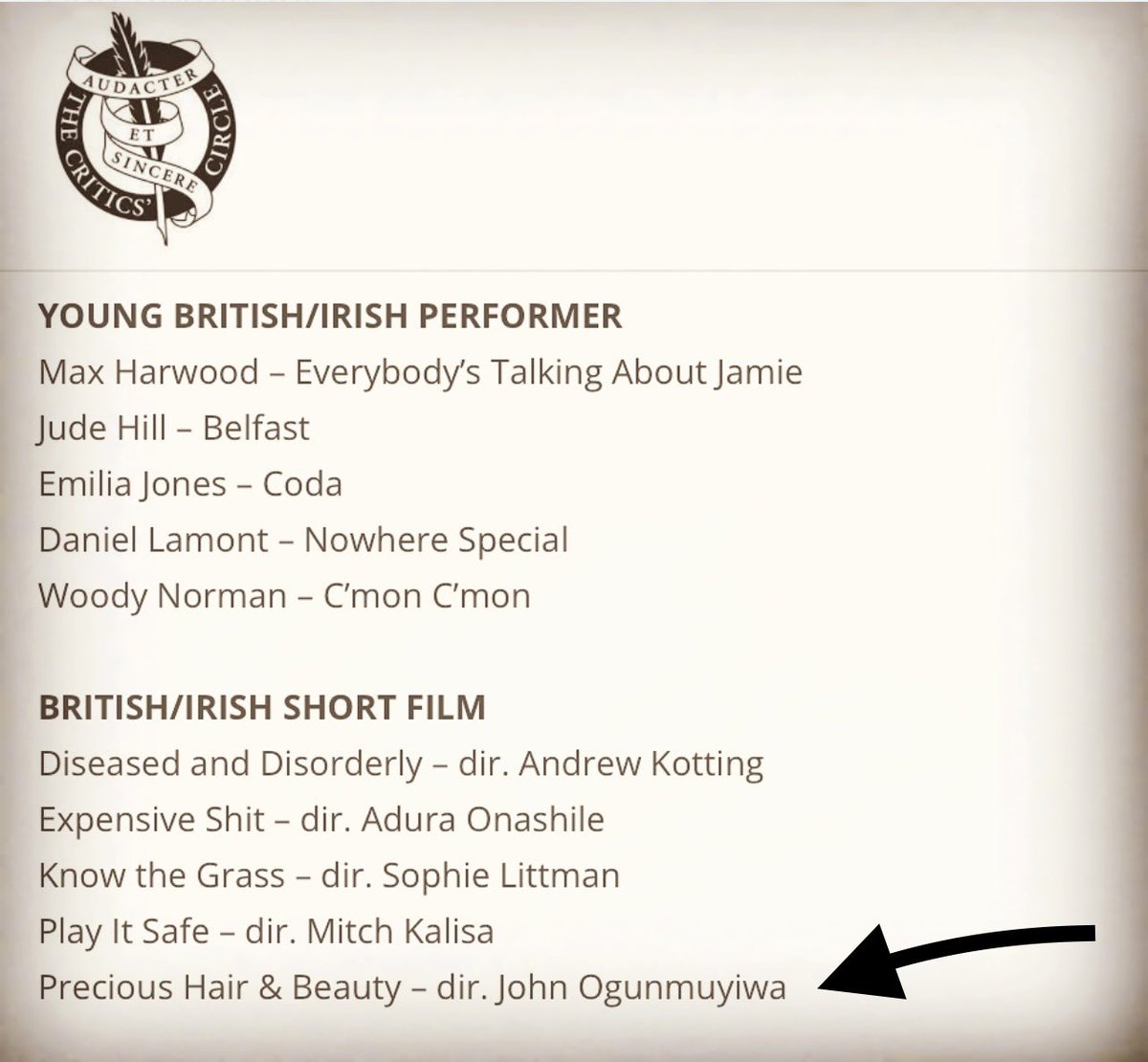 Ugly Duckling Films (@uglydfilms) on Twitter photo Delighted to announce that ‘Precious Hair & Beauty’ has been nominated for a Critics Circle award in the British/Irish short film category! - Team UDF @CCTAwards
<a href="/johnogunz/">Black Thunder Ω G</a> <a href="/producerlonge/">Tony Longe</a> <a href="/__Sophia/">Sophia G</a> <a href="/LeneBausagerUK/">Ugly Duckling Films</a> <a href="/bfinetwork/">BFI NETWORK</a> <a href="/BBCFilm/">BBC Film</a> Delighted to announce that ‘Precious Hair & Beauty’ has been nominated for a Critics Circle award in the British/Irish short film category! - Team UDF @CCTAwards
<a href="/johnogunz/">Black Thunder Ω G</a> <a href="/producerlonge/">Tony Longe</a> <a href="/__Sophia/">Sophia G</a> <a href="/LeneBausagerUK/">Ugly Duckling Films</a> <a href="/bfinetwork/">BFI NETWORK</a> <a href="/BBCFilm/">BBC Film</a>