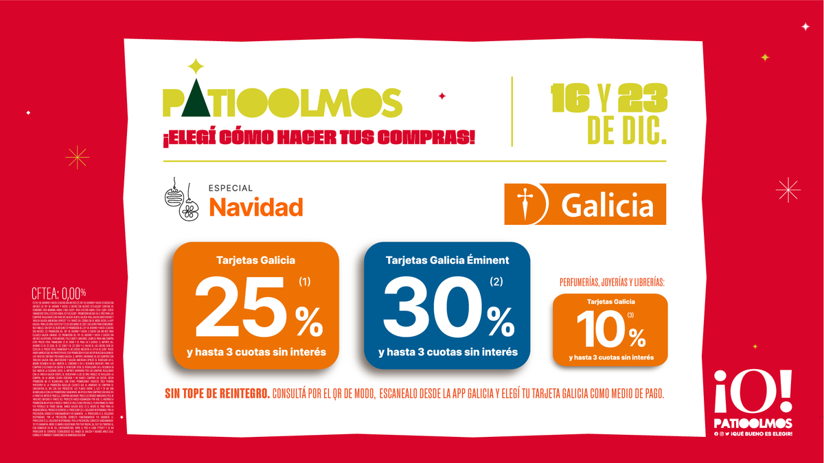 ¡Elegí cómo hacer tus compras!
HOY y el 23 de diciembre Especial Navidad de Banco Galicia en #PatioOlmos 🎉
Consultá los locales adheridos en patioolmos.com/oferta/galicia/