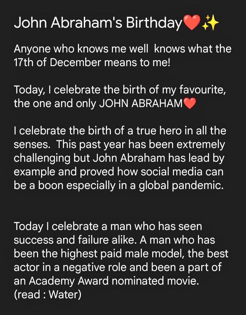 Sannrise's tweet photo. Today, I celebrate the birth of my favourite @TheJohnAbraham.I celebrate the birth of a real &amp; reel hero. This past year has been extremely challenging but John Abraham has lead by example and proved how social media can be used for a higher good @JohnAbraham_On @JohnAbrahamCLUB https://t.co/F2GSDwOWNj