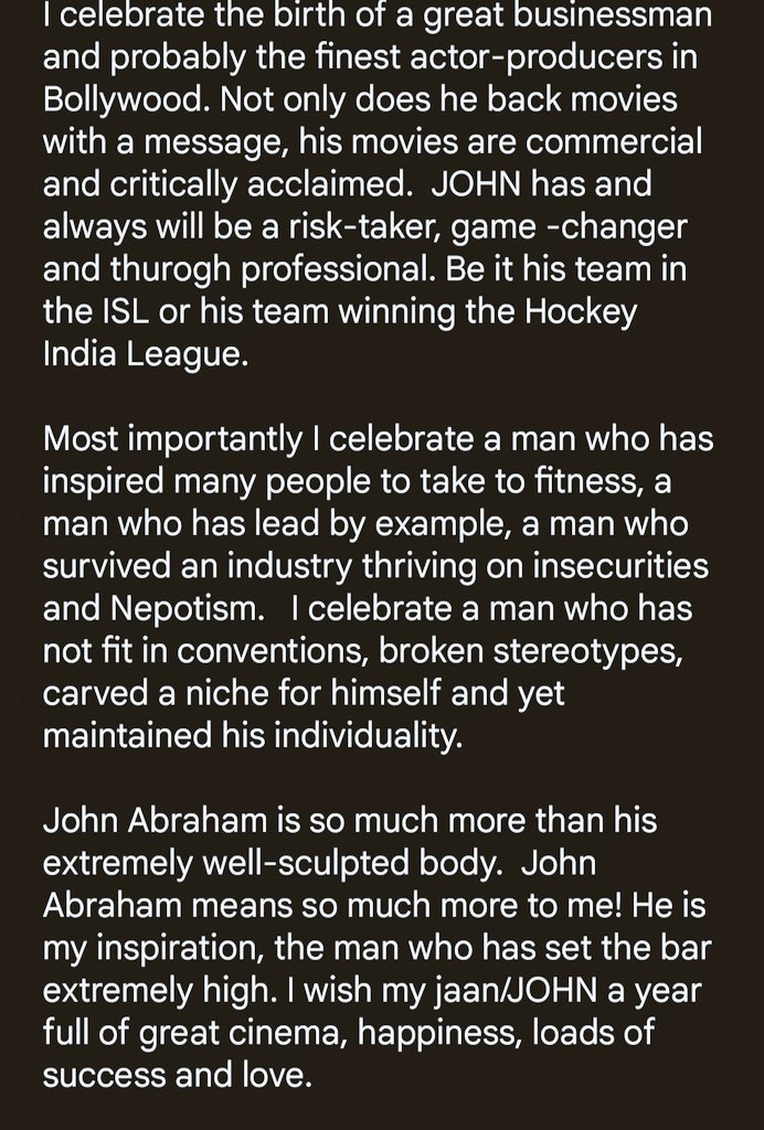 Sannrise's tweet photo. Today, I celebrate the birth of my favourite @TheJohnAbraham.I celebrate the birth of a real &amp; reel hero. This past year has been extremely challenging but John Abraham has lead by example and proved how social media can be used for a higher good @JohnAbraham_On @JohnAbrahamCLUB https://t.co/F2GSDwOWNj