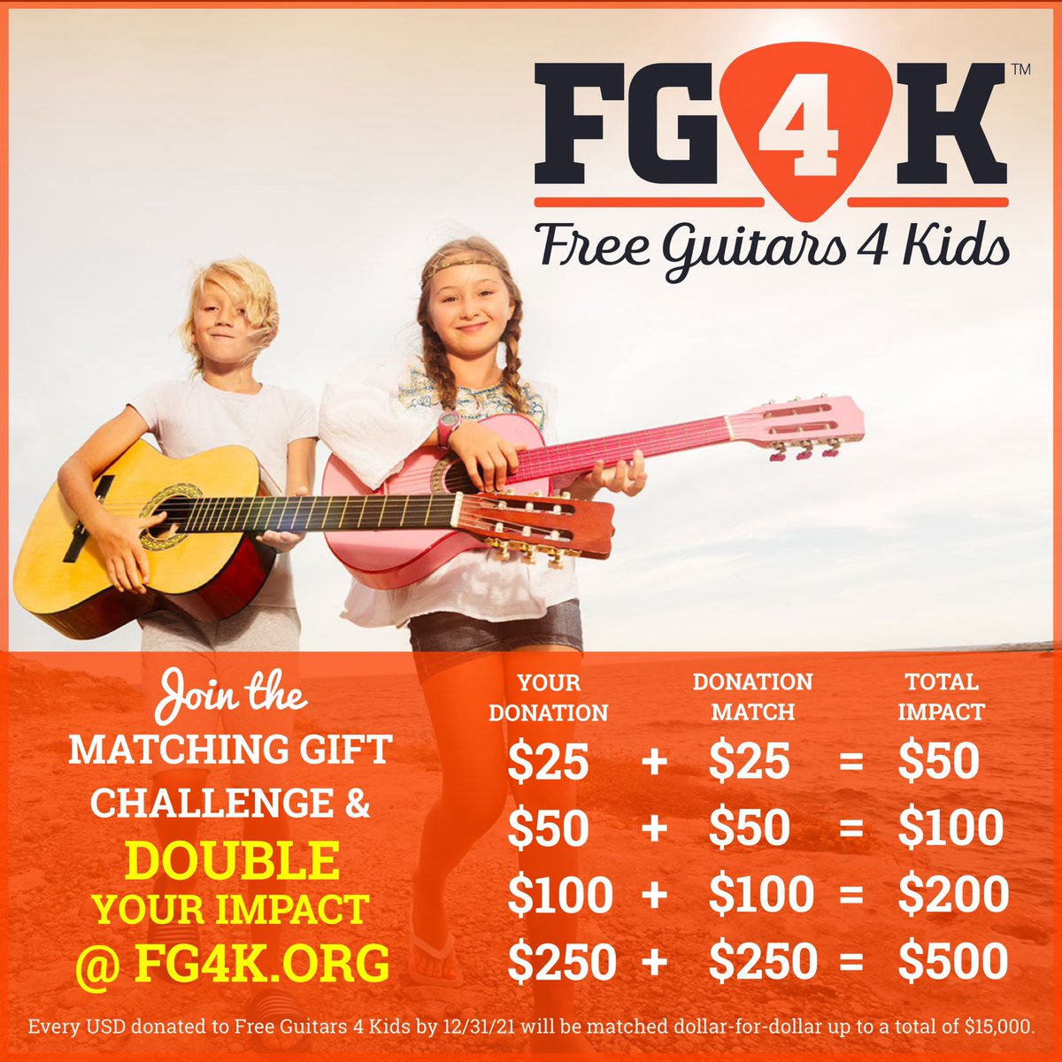 In this season of giving, we can’t think of a better way to celebrate the gift of music than placing guitars in the hands of underserved kids! Thru 12/31, every $ donated will be matched up to $15,000! Please visit FG4K.org #music #free #guitars #kids #charity