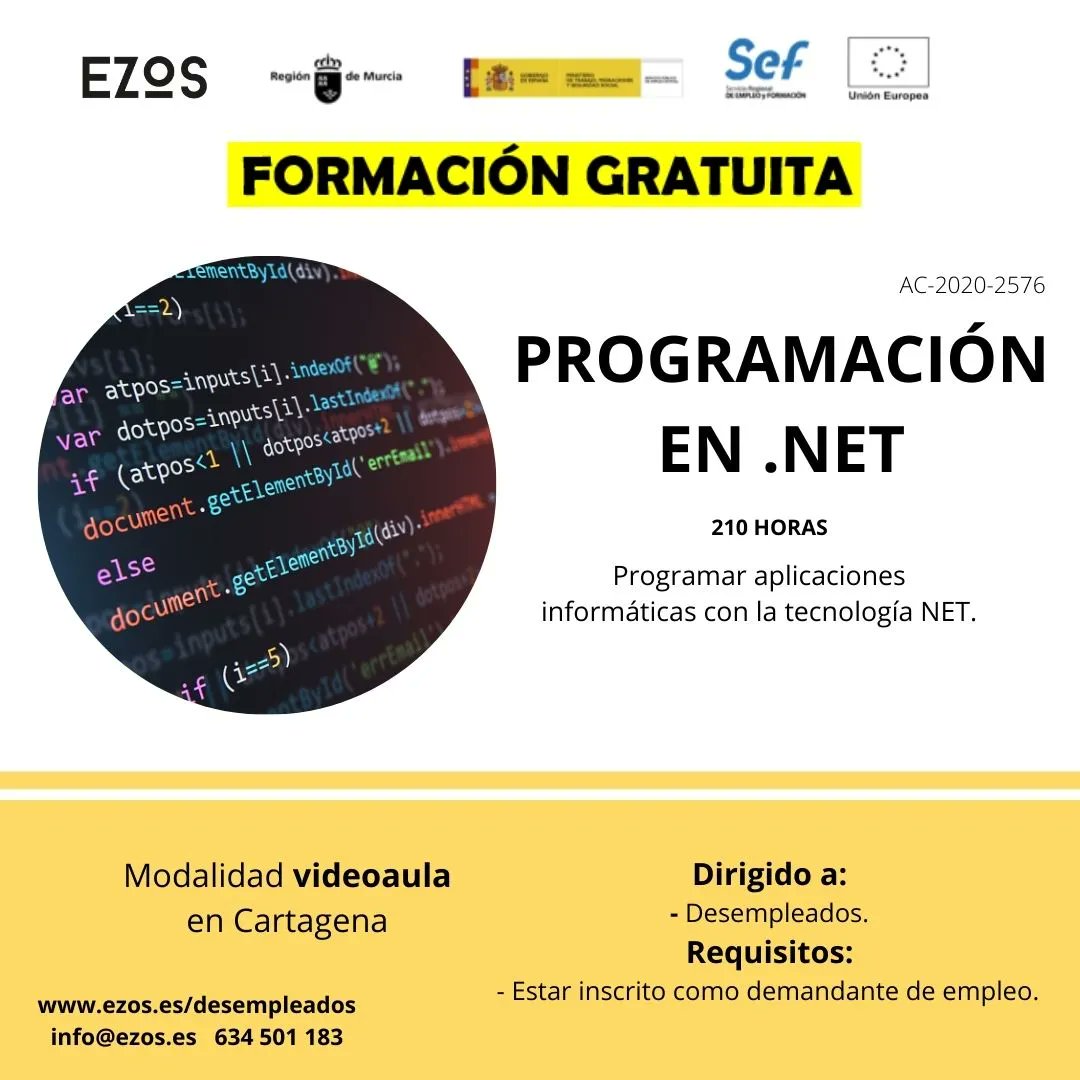 ezos_es's tweet image. Ya estamos ante los últimos días de inscripción en nuestra #formacion en #programacion en .net. Desde cero para todos aquellos que se quieran a aventurar a formar parte del sector con mayor #empleabilidad. Gratis y con #becas. buff.ly/3cmTsHa 
info@ezos.es - 634501183