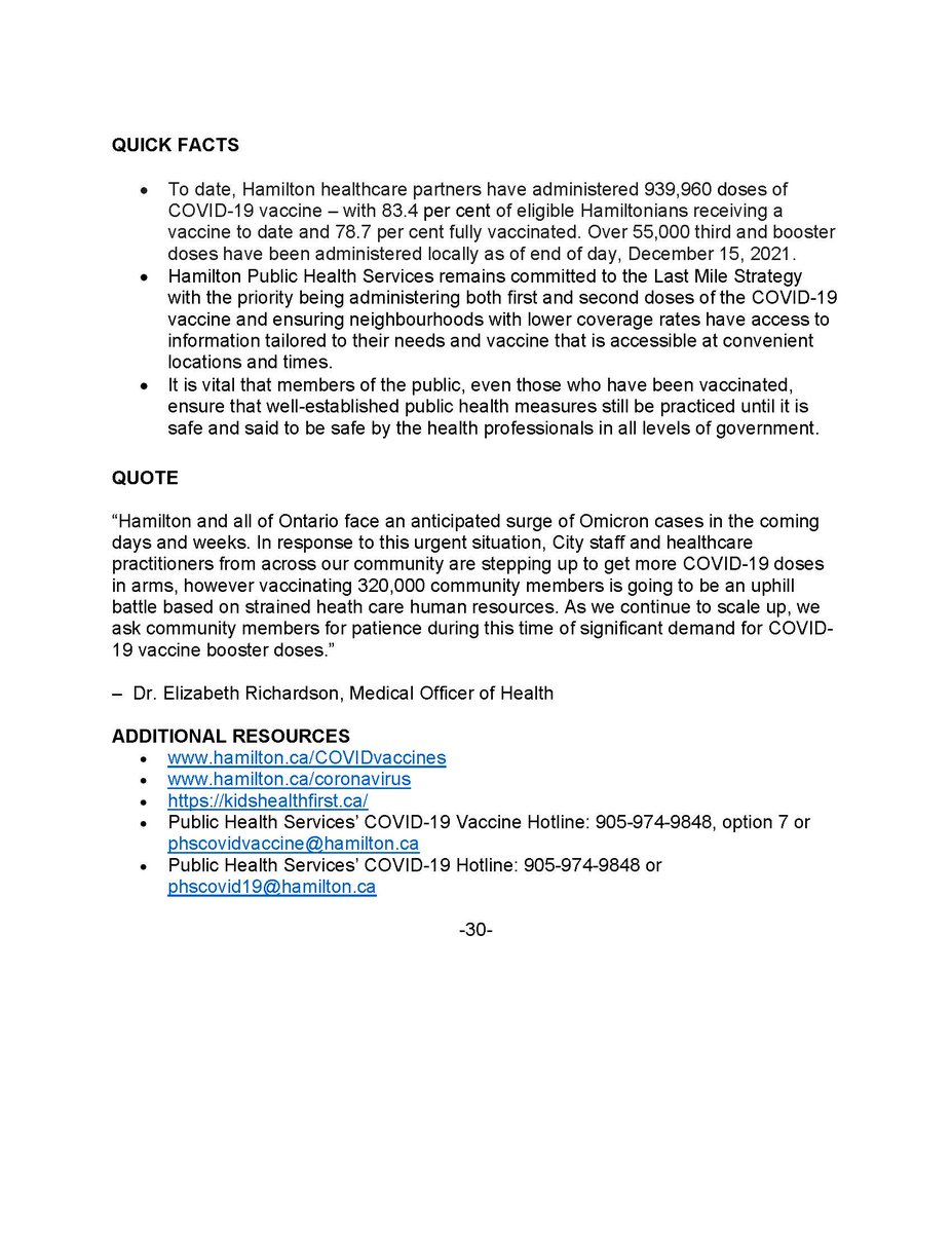 With rising case numbers and the increasing presence of the Omicron variant in Ontario, Hamilton healthcare partners are increasing local capacity to administer more first, second, third and booster doses of COVID-19 vaccines. 

Release >> hamilton.ca/government-inf…