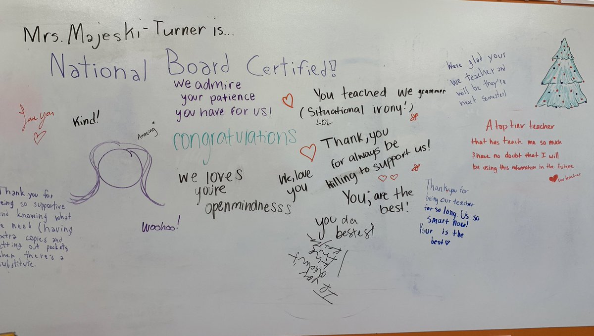 Proud to officially be a National Board Certified Teacher! Also proud my students understood irony well enough to fill my congratulations with errors since I “taught them so good.” I have the best students, and I couldn’t have done it without them. 💜💛