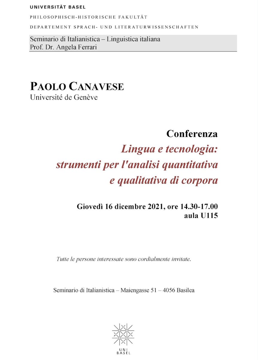 Oggi, invece, ho incontrato il team del progetto It-Ist_CH, diretto dalla Prof. Angela Ferrari all’Università di Basilea. Abbiamo discusso dell’utilizzo di tecnologie per l’analisi linguistica basata su corpus e dell’utilità di adottare metodi misti, quantitativi e qualitativi.