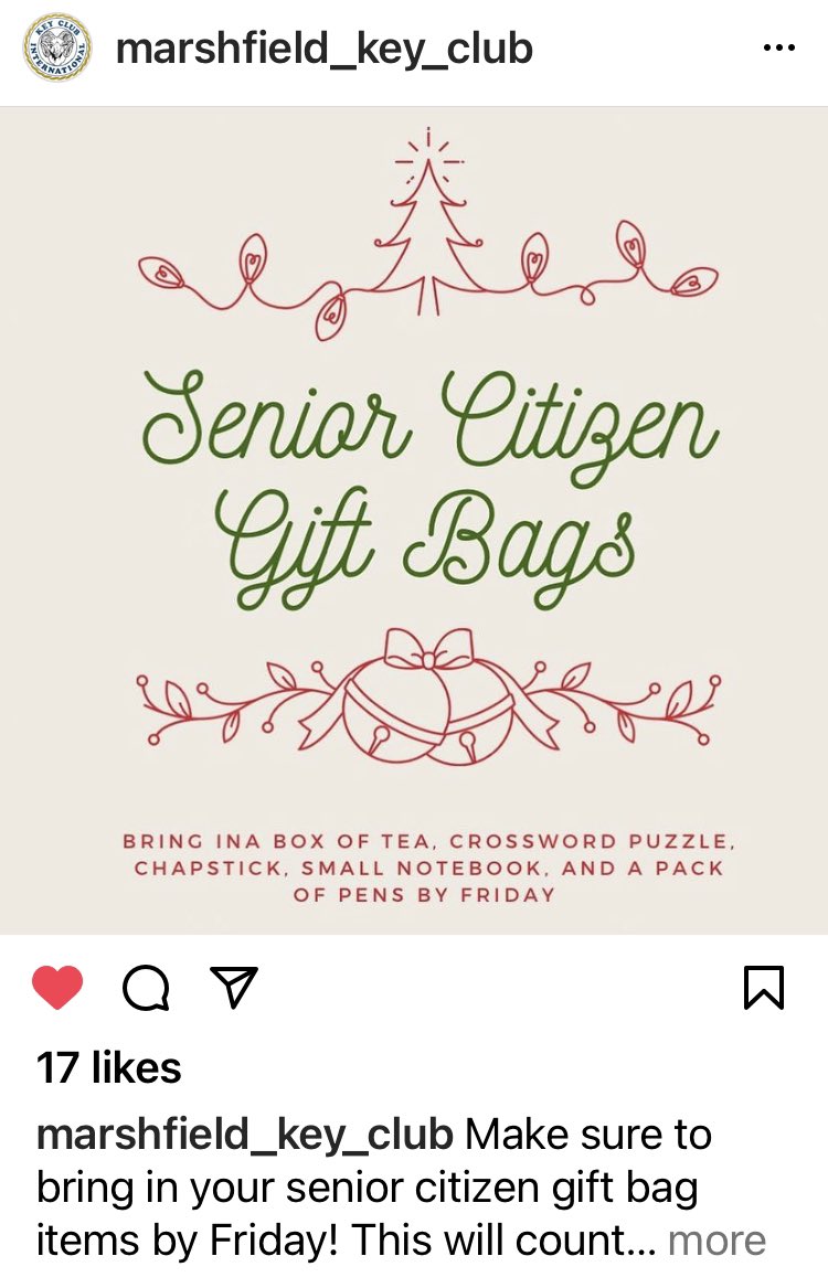 KMTMHS's tweet photo. KC members - Dont forget to bring in your gift pack for Marshfield Senior Citizens. Due tomorrow 12/17!! #WeRMarshfield https://t.co/4kYV6dJZZX