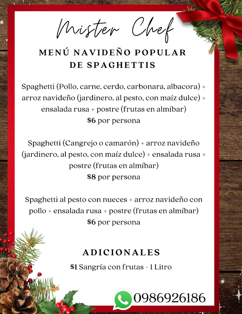 si estas algo "chiro" también te ofrezco un módico precio, pero siempre muy sabroso, bien preparado y con mucho cariño. Vajilla descartable si no deseas lavar platos, sangría con frutas $3 el litro. Te llevaré un mesero si deseas wa.link/m8keml Guayaquil
