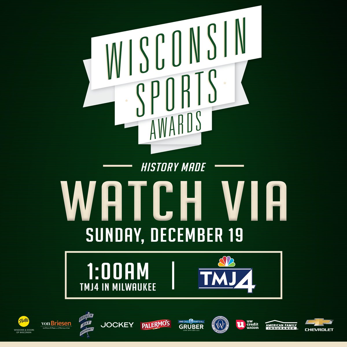 Set your alarms or DVR, Milwaukee! 

<a href="/Pella_WI/">Pella Windows & Doors of WI</a> | <a href="/vonBriesen/">von Briesen & Roper, s.c.</a> | <a href="/BrokenBatBrew/">Broken Bat Brewing Co.</a> | <a href="/Jockey/">Jockey</a> | <a href="/Palermo_Villa/">Palermo Villa, Inc.</a> | <a href="/gruber_law/">Gruber Law Offices</a> | <a href="/OrthoWI/">Ortho WI</a> | <a href="/UWCreditUnion/">UW Credit Union</a> | <a href="/amfam/">American Family Insurance</a> | <a href="/chevrolet/">Chevrolet</a>