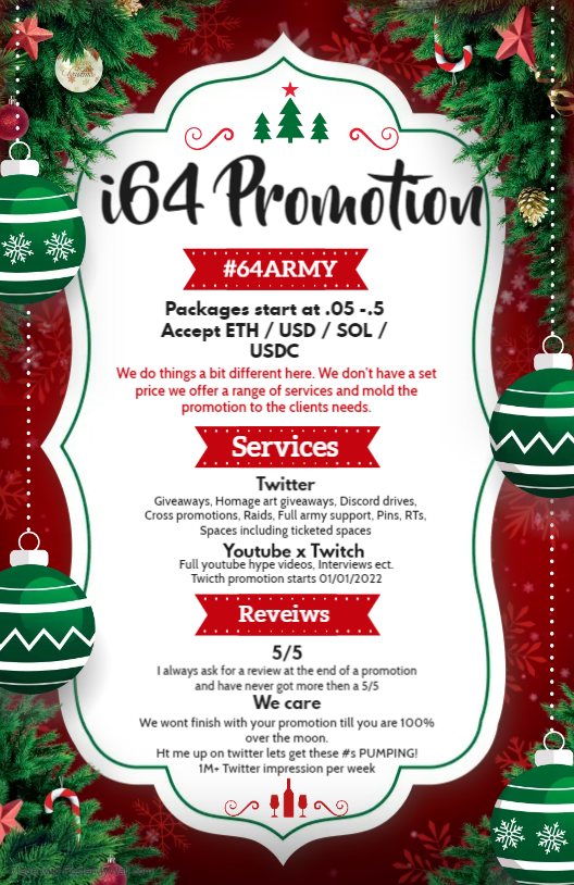 i64StudioNFTs's tweet photo. I have room to take on 1 maybe 2 new promotions before the new year so hmu the slots fill superfast and i only take limited #NFTs at a time.
Full YT hype video comes w/ this package.
RT + addy = 🎁
Let's create!
#NFTs #NFTGiveaways #promotion #NFTpromotion #64ARMY #NFTCommunity https://t.co/IhyMGqTkT3