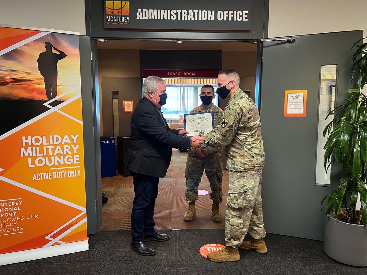 montereyairport's tweet photo. Kicking off our 2021 Holiday Military Lounge with a Certificate of Appreciation from the Defense Language Institute!

We’re proud to support and partner with our local military, and this annual Lounge is a small token of our gratitude for our traveling service members. https://t.co/6AbsA1IciS