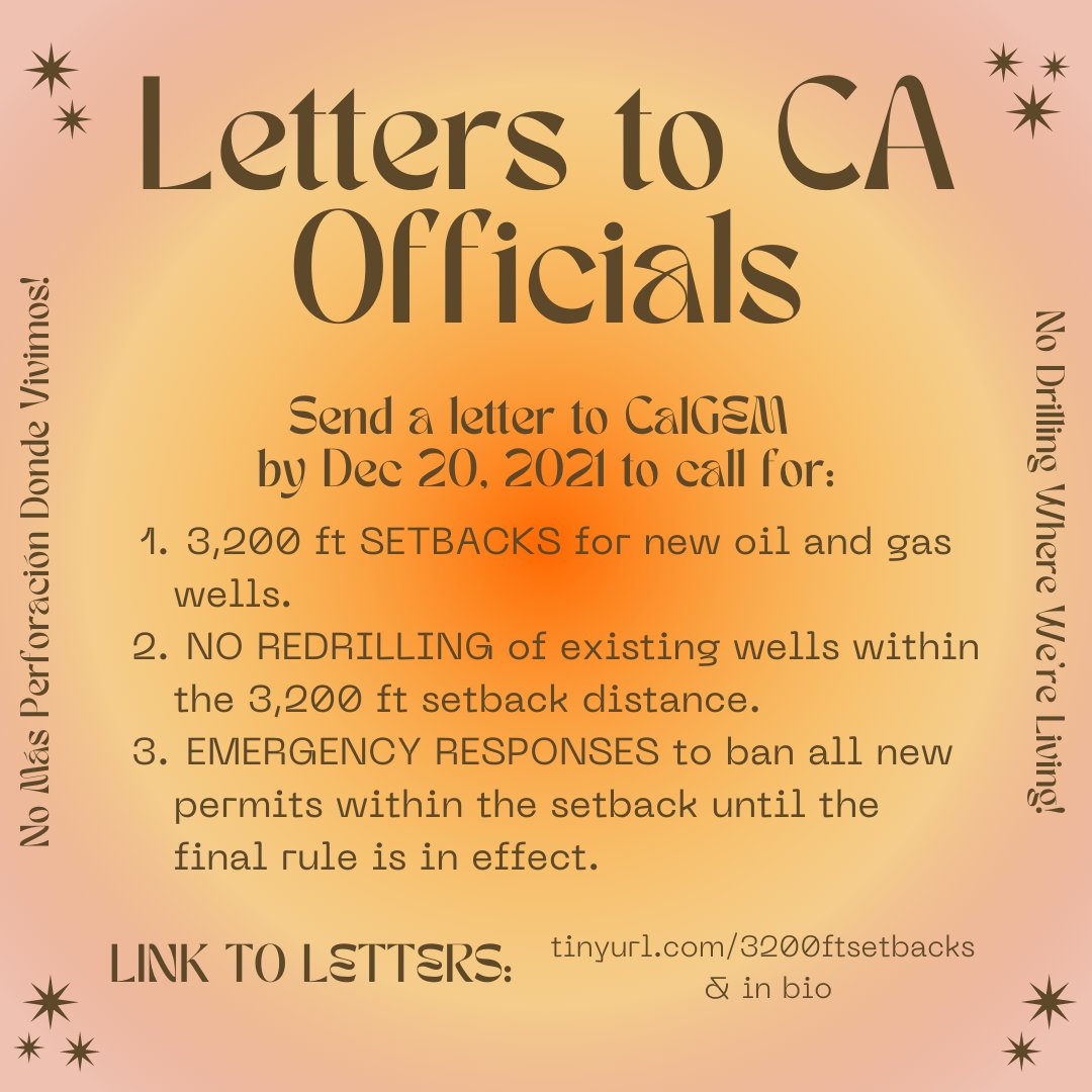 We're in the home stretch for getting comments to CalGEM y'all! 

Send your comment in TODAY & urge CA officials to defend 3200ft setbacks and ensure they cover new AND existing oil wells!

It takes 2 minutes. Comment Here: tinyurl.com/3200ftsetbacks