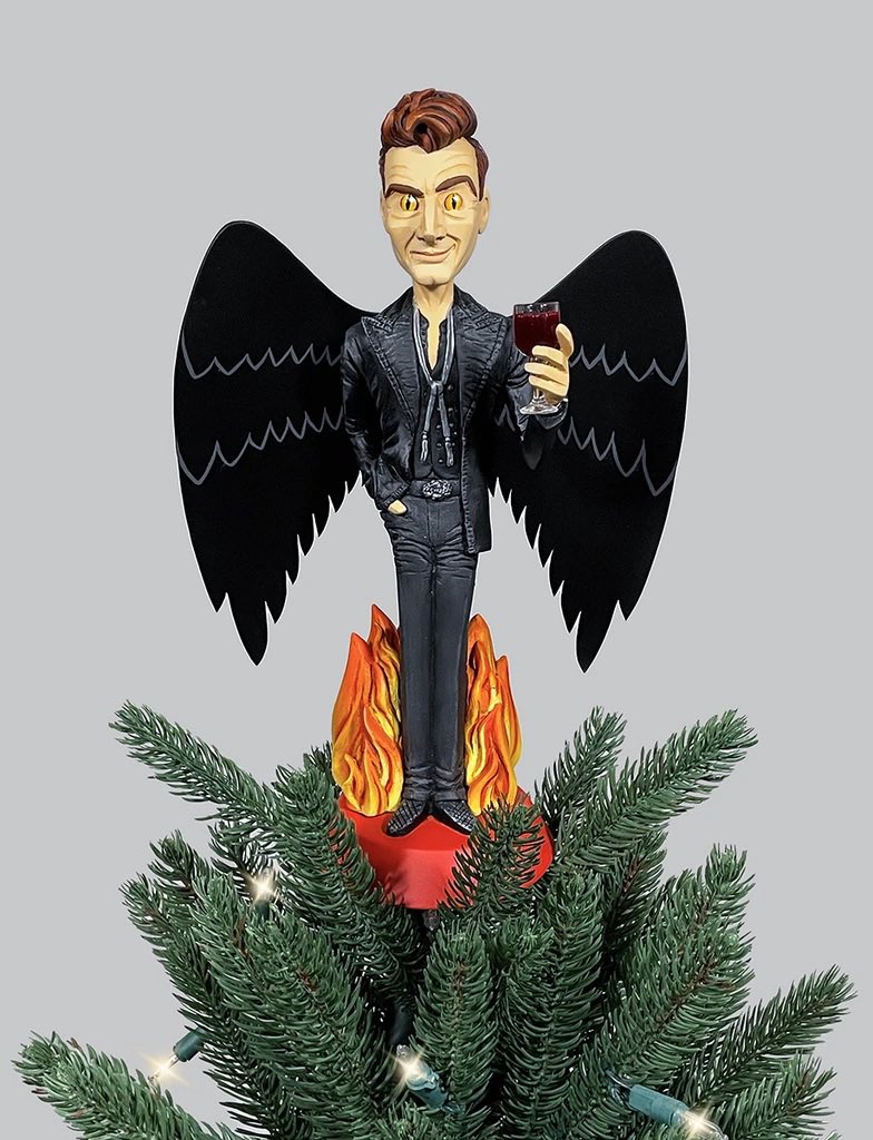 hefnatron's tweet photo. Crowley and Aziraphale are still looking for trees to perch on for the holidays. These are the only two tree toppers left from my recent Pop Toppers solo show at @galleries1988 ! #GoodOmens https://t.co/WYP6We1zJX https://t.co/fqFk85l5uv
