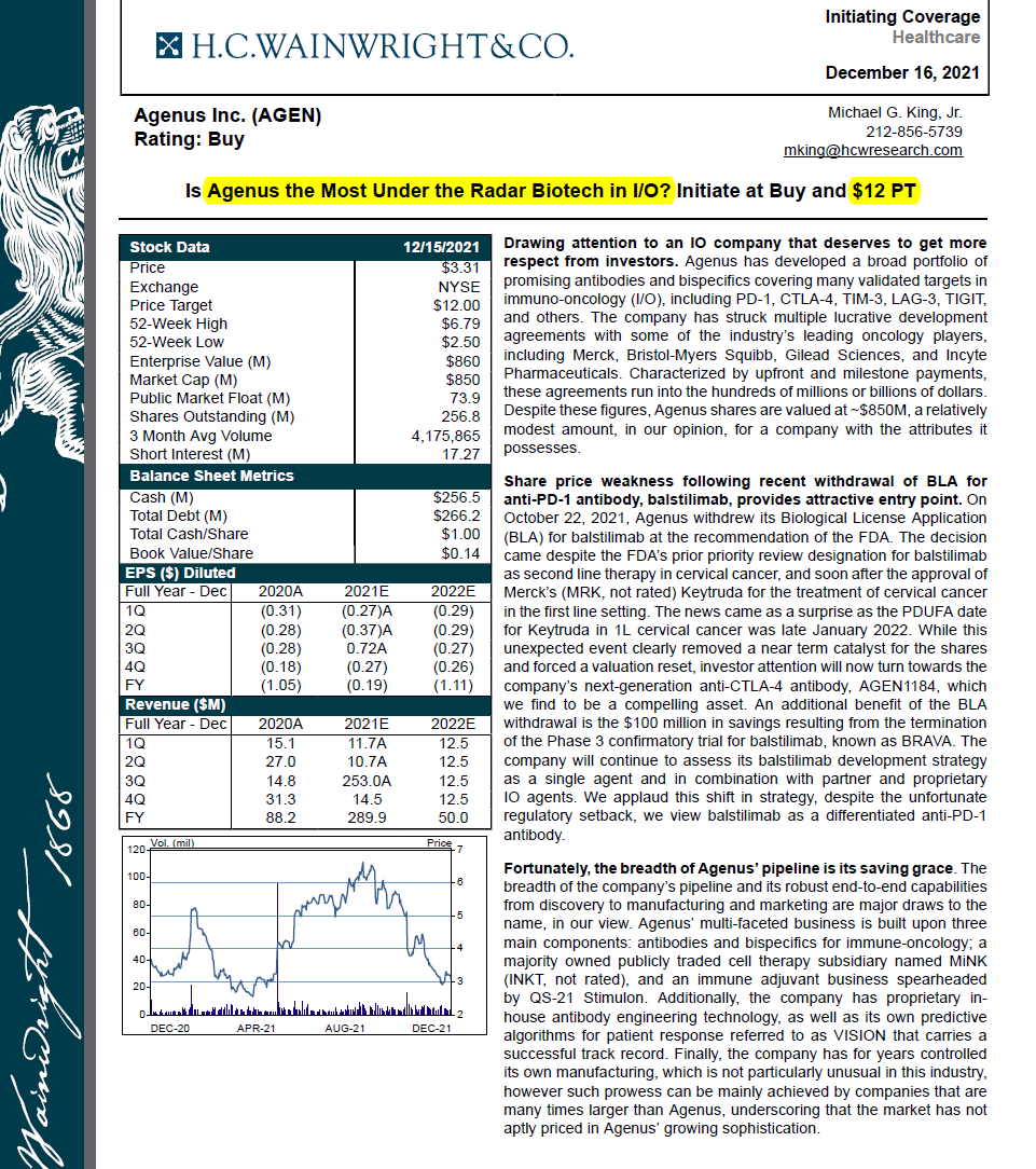 _B_I_O_T_E_C_H_'s tweet photo. Is $AGEN Agenus the Most Under the Radar Biotech in I/O? 
Initiate at Buy and $12 PT
$BMY $INCY $GILD $MRK https://t.co/G0ChbgAsO5