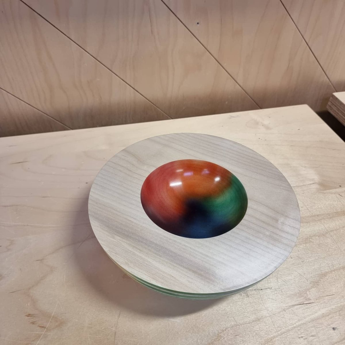 IamColePowered's tweet photo. Made a rainbowl at work #woodturning #rainbow #LGBTQ #woodart #decrotive https://t.co/W3QlTconYv