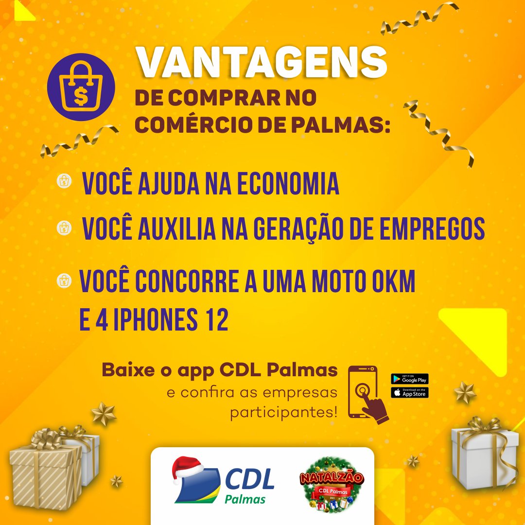 cdldepalmas's tweet photo. Comprar no comércio local é bom para todos! 🛍 Dê preferências para as lojas de Palmas na hora de realizar suas compras neste fim de ano. 

Comprando nas empresas participantes do Natalzão CDL 2021 você ainda concorre a uma moto e 4 iPhones 12! 🎯 🎄 https://t.co/QqAm8OSvNz