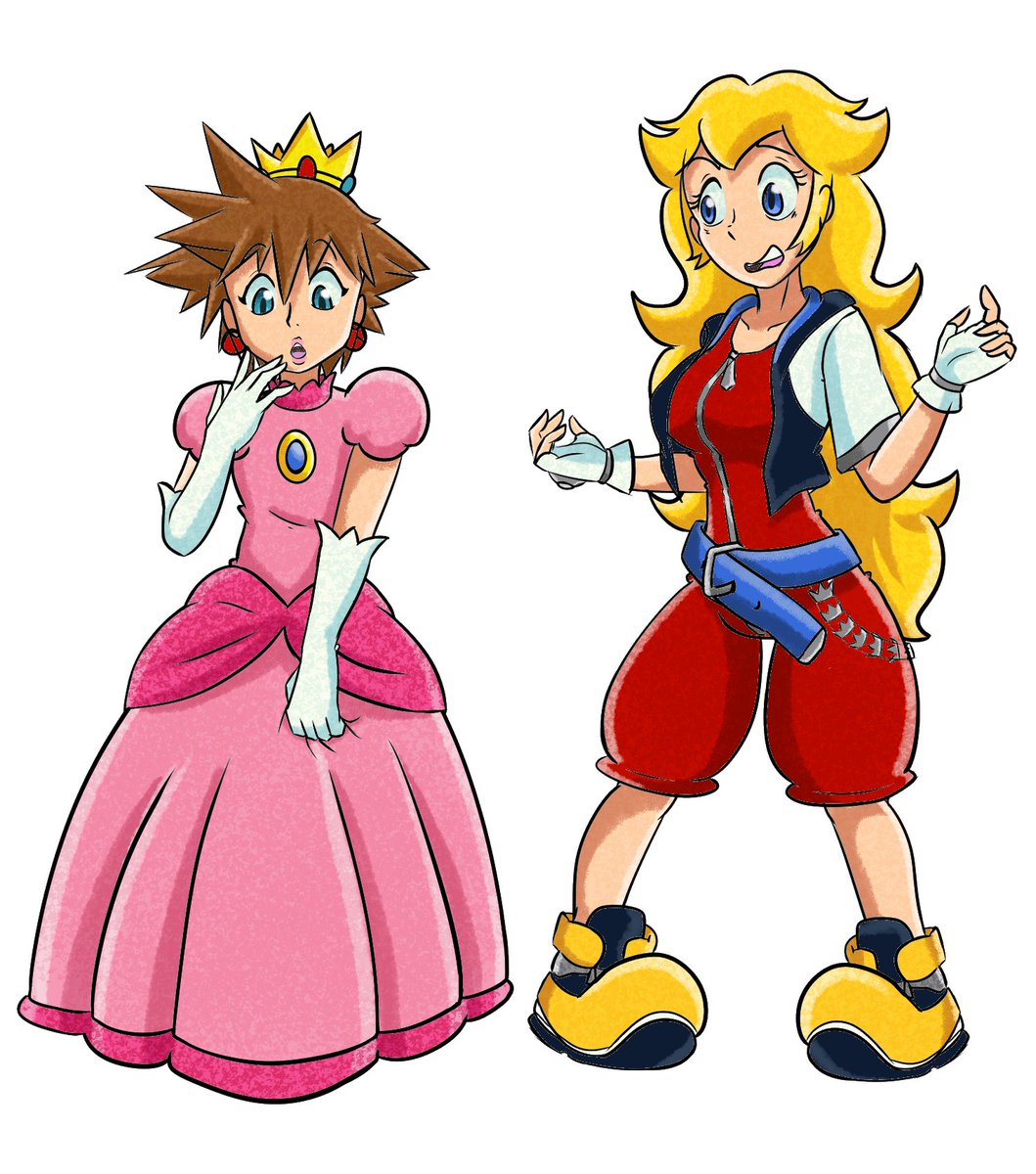 BeaTheArtista's tweet photo. I share the final piece of the smash bros #bodyswap between Peach and Sora (With clothes swap included).
It is also a mini collab since the colored was done by @AlanTheWolfXZ who made very good sonic style drawings, follow him and give him love :D ❤️ https://t.co/2ZN9jH2Zj9
