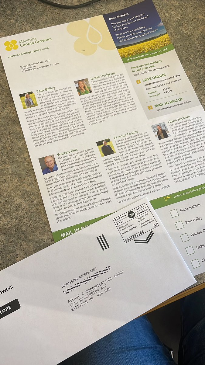 Look what arrived in the mail today! Remember to cast your vote for the @CanolaGrowers election. #mbag #youngfarmers