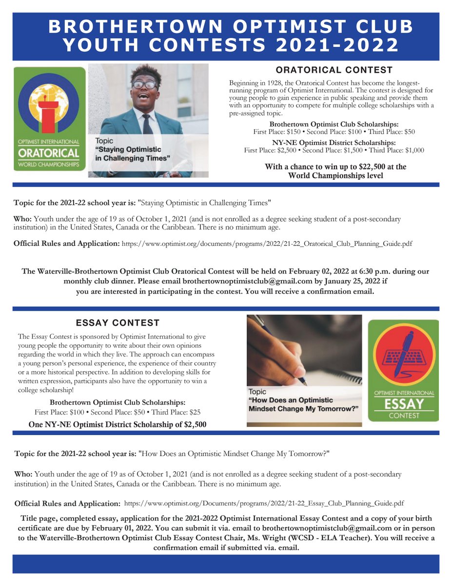 BrothertownOC's tweet photo. 2021-2022 Optimist Oratorical and Essay Contest Details. Topics had been previously released during the summer. 
#Optimist #Essay #Oratorical  #Scholarship https://t.co/X4T78Wb8o1