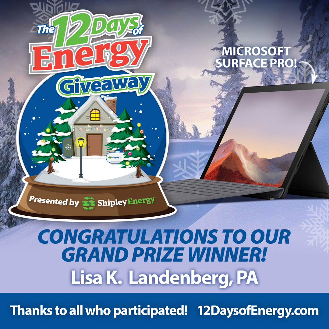 ShipleyEnergy's tweet photo. It’s time to announce the GRAND PRIZE WINNER in Shipley Energy’s #12DaysofEnergy Giveaway! 🥁🥁🥁 CONGRATULATIONS to Lisa... the winner of the Surface Pro 7! 🥳
We thank ALL who participated in the 12 Days of Energy Giveaway; we hope to have made your season brighter! ✨ https://t.co/MlwiujT9h4