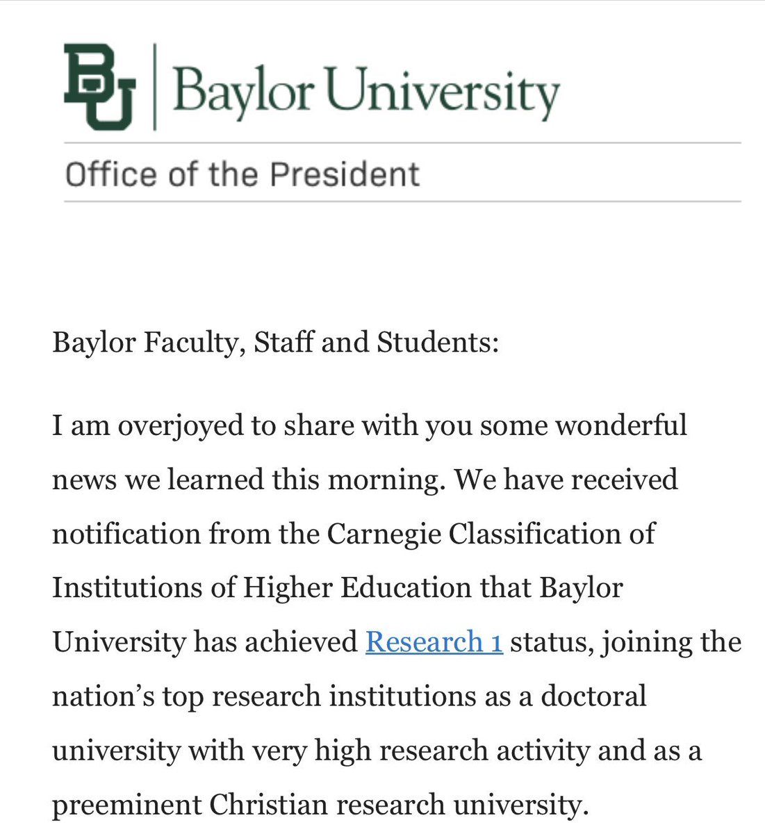 BaylorFDM's tweet photo. Congratulations to all the @Baylor faculty, staff, and administrators who contributed to the university’s push for R1 status! https://t.co/ZylnNvAHMN