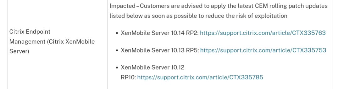 #Citrix Endpoint Management is impacted by the #log4j2 vulnerability. Advised to apply available rolling patch update as soon as possible support.citrix.com/article/CTX335…