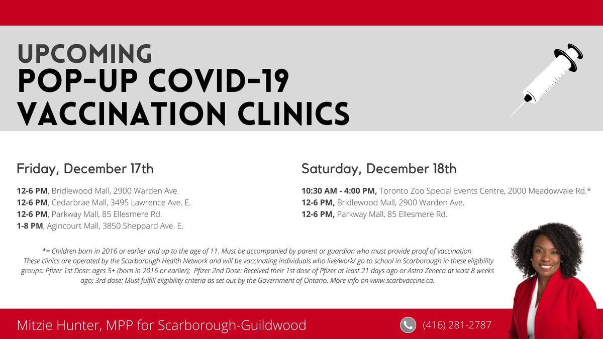 MitzieHunter's tweet image. 📢🚨💉POP-UP CLINIC ALERT - Know someone who needs a COVID-19 vaccine or their booster? They can get theirs at these four pop-up clinics! No appointment needed. Vaccines are safe, effective, and critical to saving lives. #ScarbTO 
@SHNcares
More information can be found below: