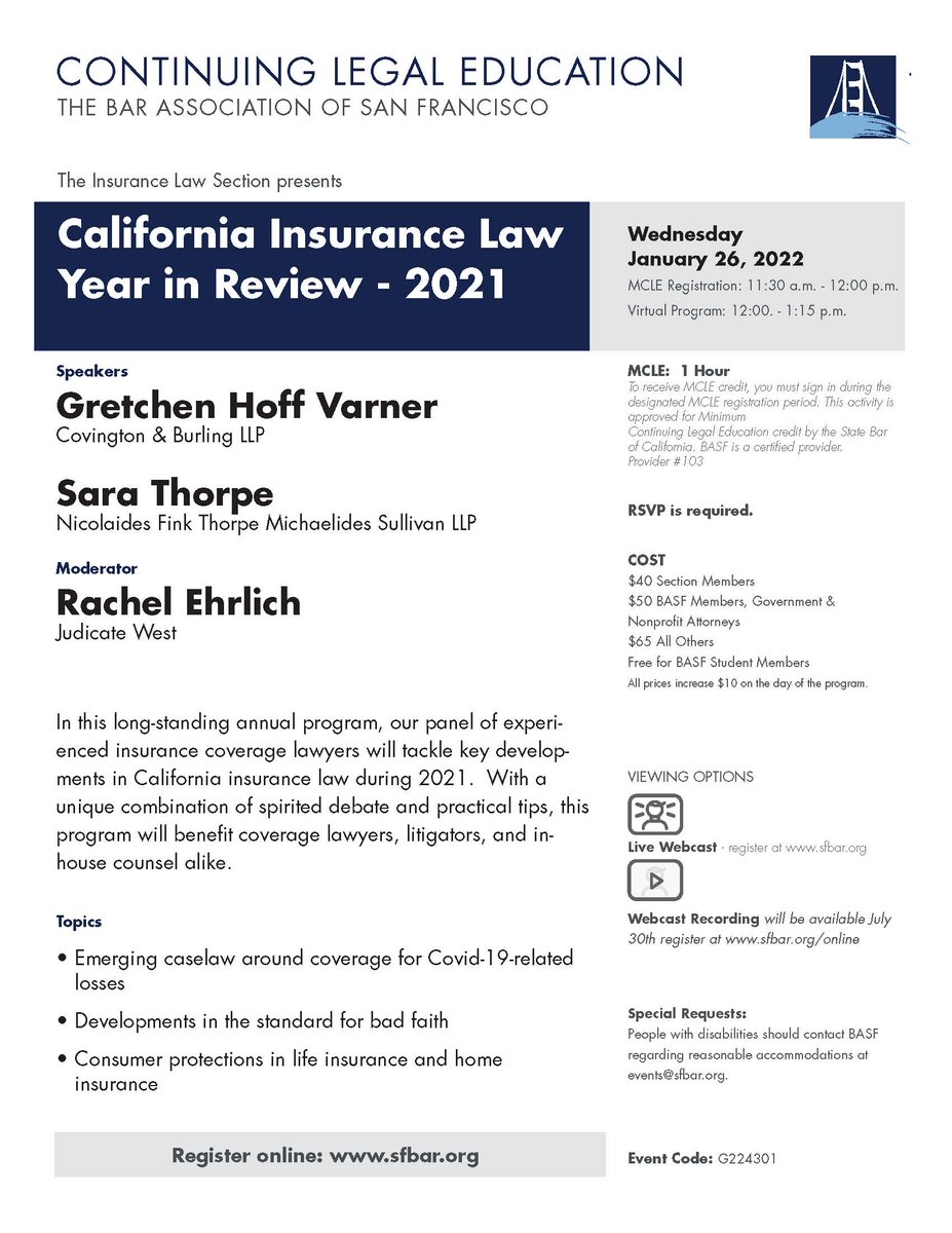 TittmannWeix's tweet photo. If you are interested in Insurance Law in California, you will want to attend this event on Wed., Jan. 26, 2022. "California Insurance Law Year in Review - 2021," presented by #BASF. RSVP required and MCLE credit of 1 hour available for attendees.
#insurance #insurancelaw #mcle https://t.co/K2XGElYqSs