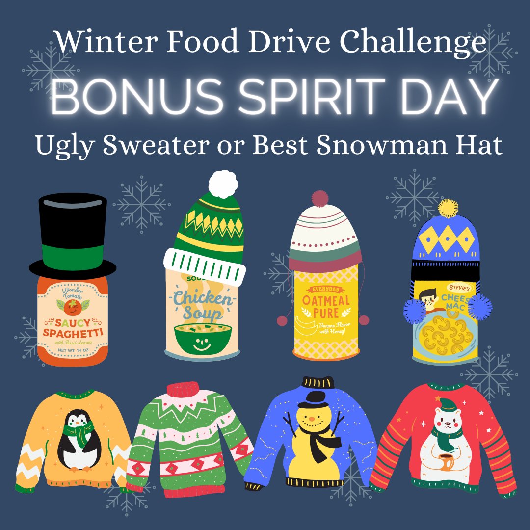 FairwayPTO's tweet photo. Happy Thursday Fairway! Our Winter Food Drive Challenge running total today is 1,278 items!

To celebrate our last day we'll be holding a BONUS spirit day! Everyone who donates an item Friday, December 17,  is invited to wear their favorite ugly sweater or their best snowman hat! https://t.co/e6iu8yl4Al