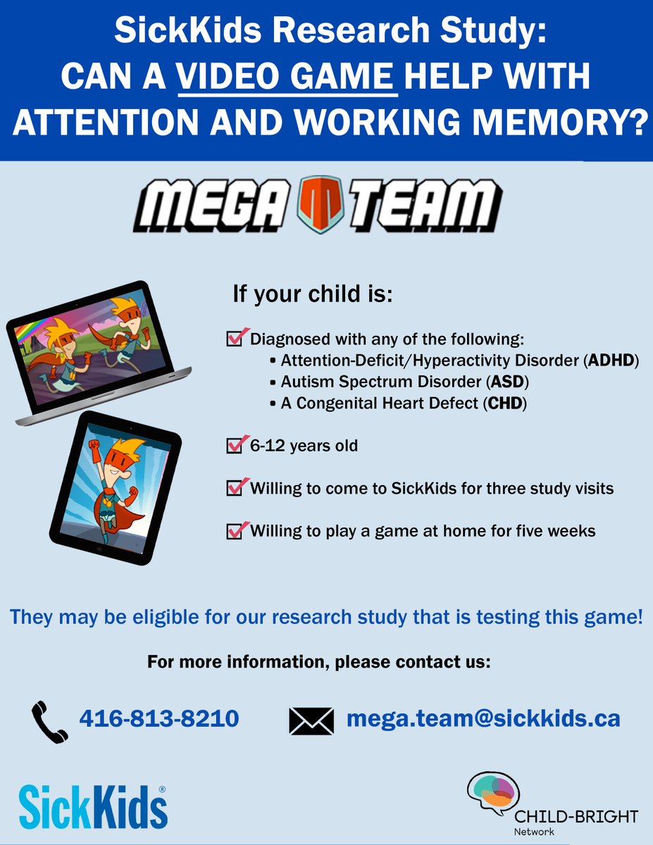 The Department of Psychiatry at The Hospital for Sick Children (SickKids) is undertaking an exciting new research study where they will be looking to see if a video game can help improve behavioural control and working memory in kids. <a href="/sickkids/">SickKids Foundation</a>
