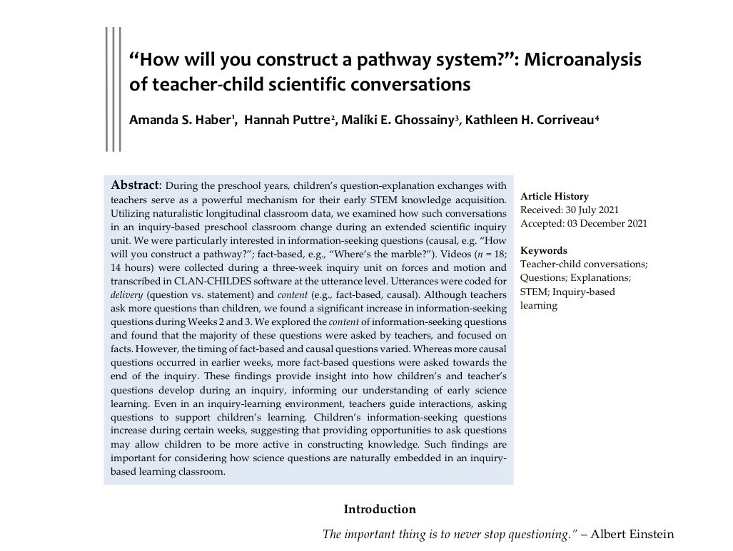 My first publication on work I’ve been doing in grad school is officially published in #JCES. <a href="/AmandaHaber17/">Amanda S. Haber, PhD</a>, <a href="/QueenOfCats/">María Ramírez</a>, #KathleenCorriveau, and I explored how child-teacher scientific question-explanation exchanges develop in an inquiry-based preschool classroom!