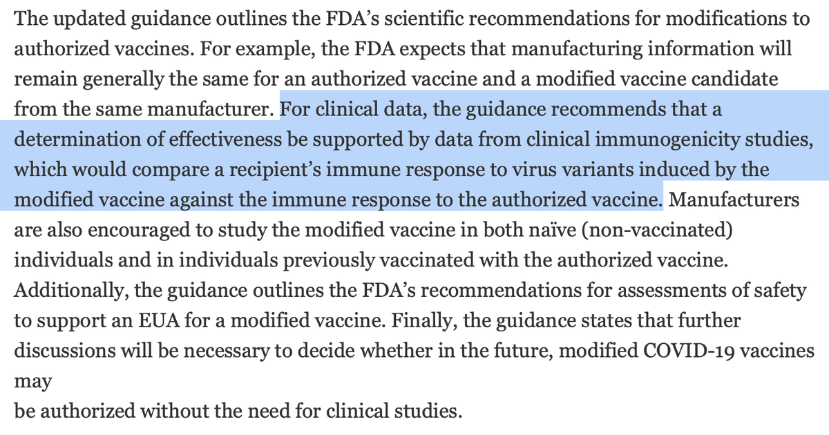 Clipping from press release with following text highlighted:
"For clinical data, the guidance recommends that a determination of effectiveness be supported by data from clinical immunogenicity studies, which would compare a recipient’s immune response to virus variants induced by the modified vaccine against the immune response to the authorized vaccine."