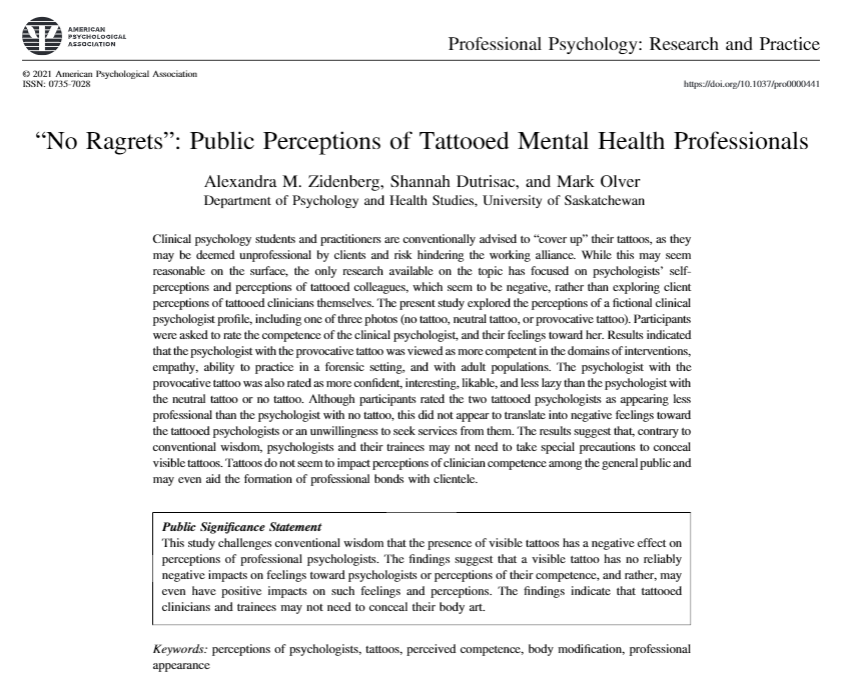 Dr. Alexandra Zidenberg on X: "So excited to finally share our paper on tattooed mental health professionals/psychologists out in @APA_Journals Professional Psychology today! @shannahdutrisac #MentalHealth #PsychTwitter #tattoos https://t.co/BMTneGmt5L ...