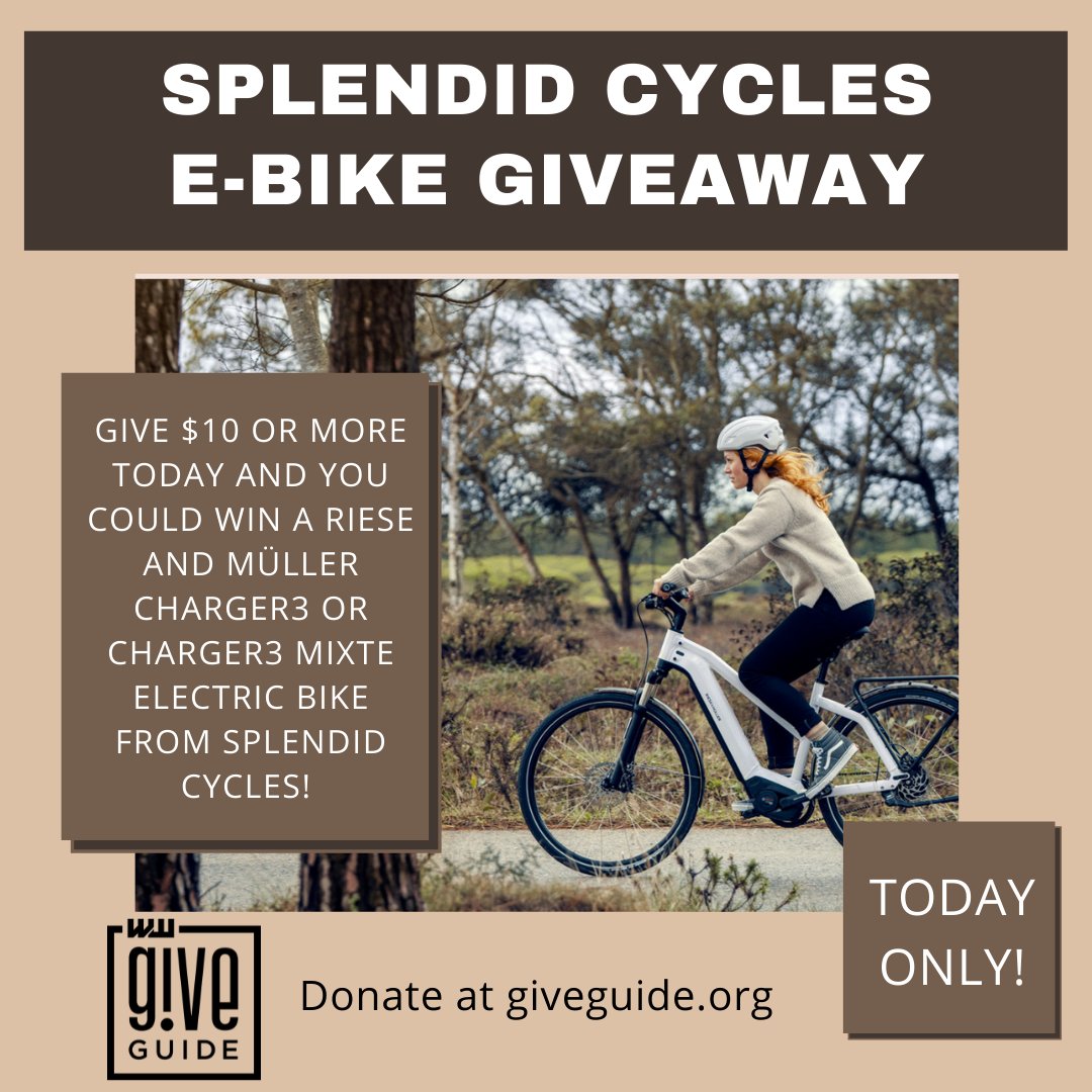 EthosMusic's tweet photo. *TODAY ONLY* You could win a Riese and Müller Charger3 or Charger3 Mixte electric bike from Splendid Cycles if you give $10 or more to any Give!Guide nonprofit! Get entered to win with each donation! https://t.co/gZXEHuiQTD https://t.co/gW4lPJEgQl