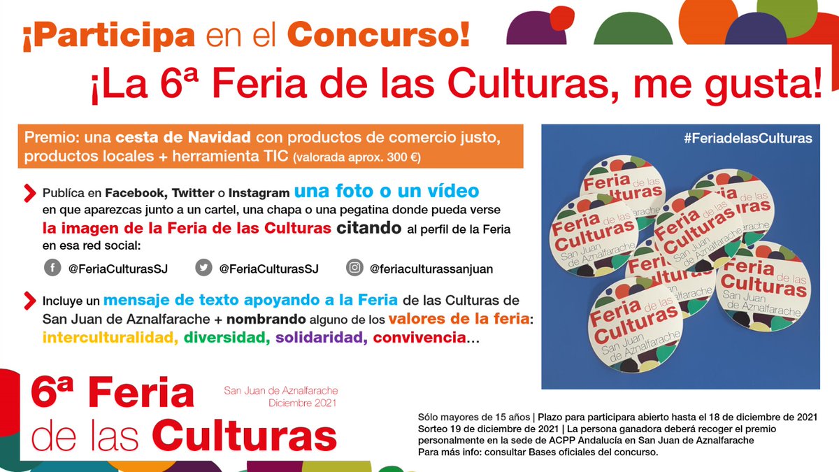 FeriaCulturasSJ's tweet photo. 🔔Participa en el concurso 'La 6ª Feria de las Culturas, me gusta' en San Juan de #Aznalfarache 😎 Sorteamos un premio que querrás
Bases 👉https://t.co/J1CEMaKzAu
Entérate y manda tu mensaje 👇

#FeriadelasCulturas #valores #multiculturalidad #diversidad #convivencia #solidaridad https://t.co/vtJe90B4r2