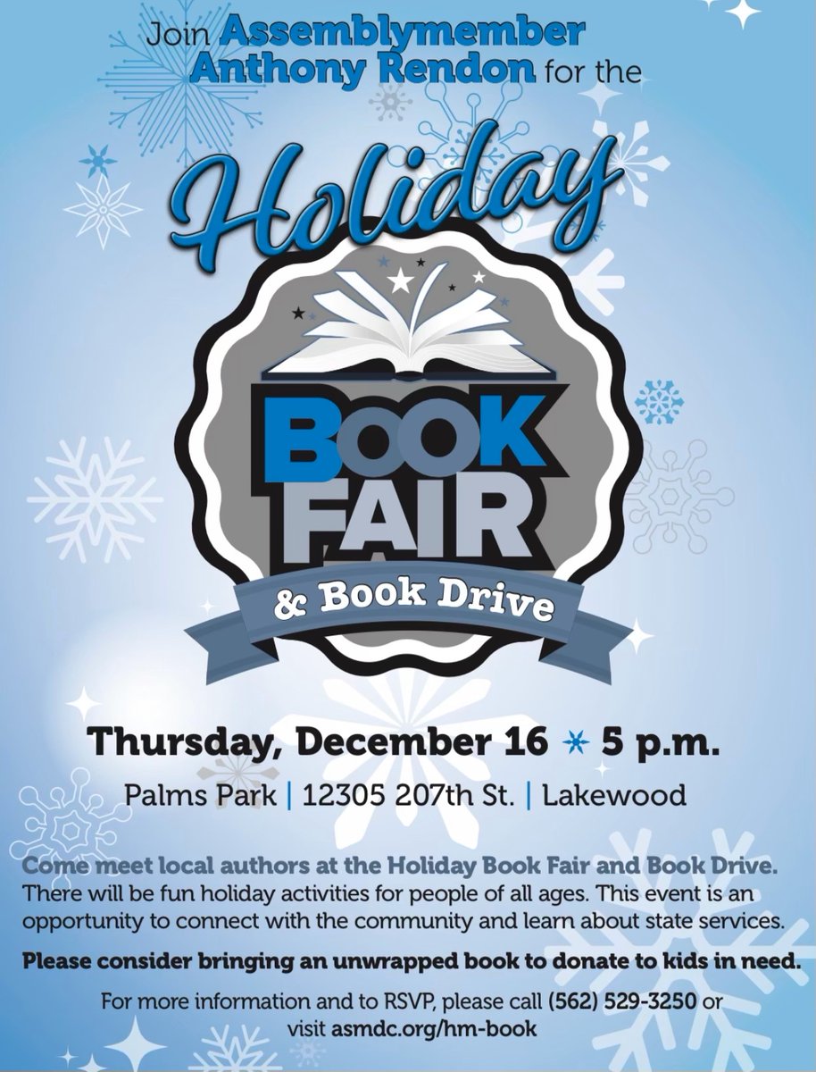Join us at the Holiday Book Fair &amp; Book Drive today at 5pm at Palms Park in Lakewood! Meet local authors, participate in holiday activities and consider donate an unwrapped book to children in need.
