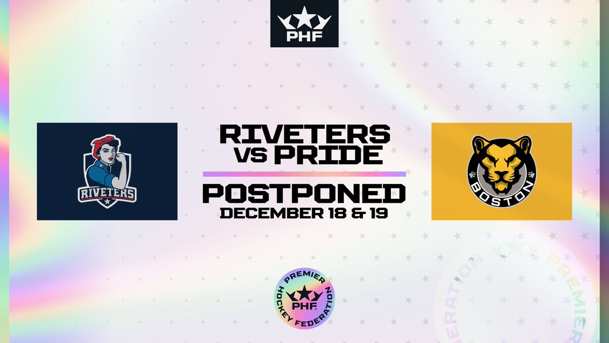 The PHF has announced that the regular season games scheduled for Saturday December 18, 2021 &amp; Sunday December 19, 2021 between the BOS Pride &amp; the host MET Riveters have been postponed due to COVID-19 protocols affecting the Boston Pride.

Details: bit.ly/3E23wko