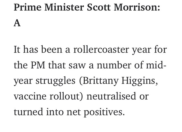 hughriminton's tweet image. Good to know that in scoring Scott Morrison’s year, the Daily Telegraph reckons he turned alleged rape victim Brittany Higgins into a “net positive.”