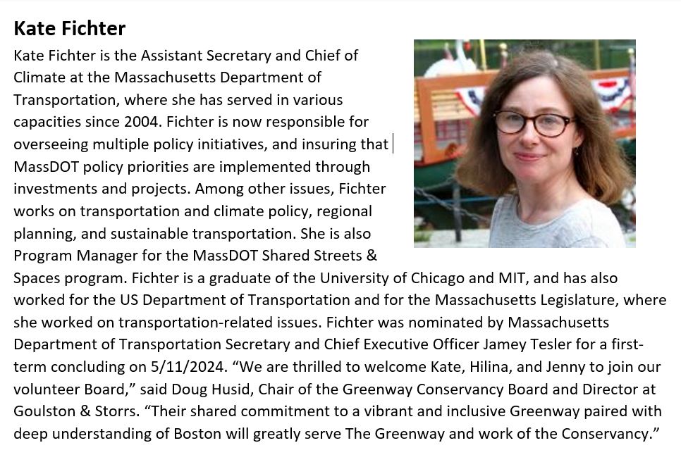 Announced by the Rose Kennedy Greenway: 3 new members of Greenway Conservancy Board. Kate Fichter, Jenny Morse & Hilina D. Ajakaiye will each serve their first term into 2024. https://t.co/nv5MTuaVxt