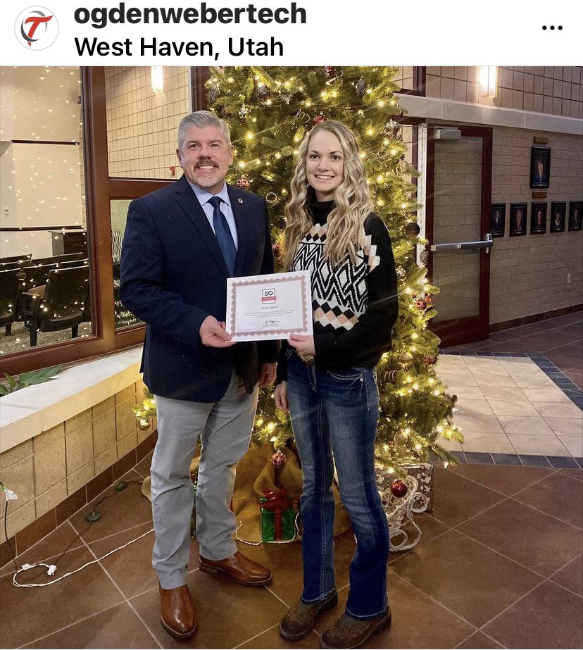 OTechPresident's tweet photo. Congratulation Alexis Jensen recipient of West Haven City Council’s @OgdenWeberTech 50th Anniversary Scholarship. #TechnicallyWeRunTheWorld https://t.co/vMKdHFHqJj