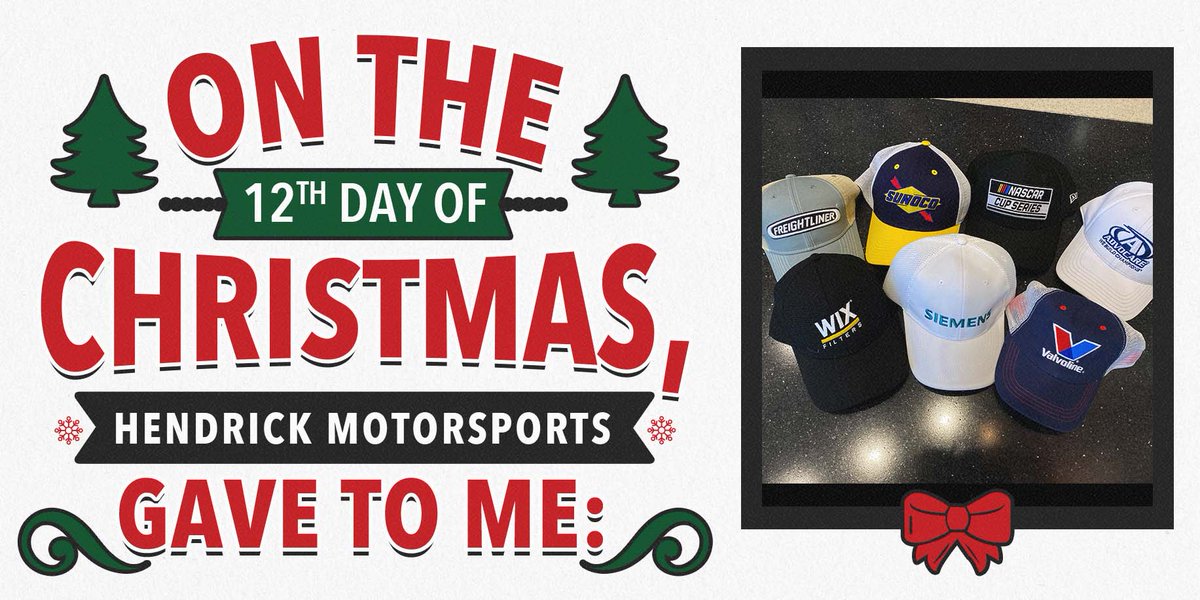 TeamHendrick's tweet photo. How to close out our 12 days of #HendrickHolidays giveaways? With a set of victory lane hats. 🏁😎

Wish a friend "Happy #HendrickHolidays!" below for a chance to win! https://t.co/7kfmZbD5rL