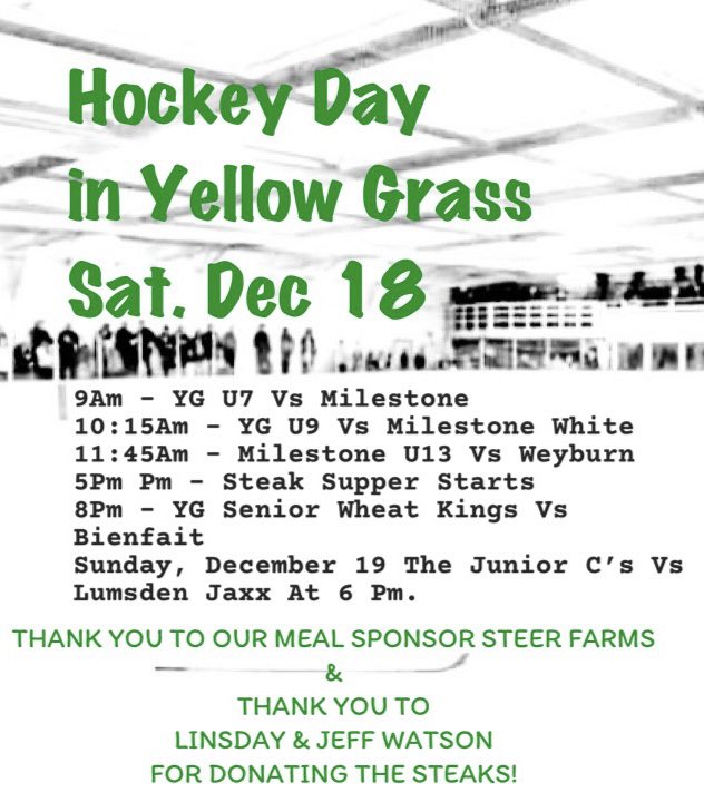 Head down to the rink this weekend for good food &amp; hockey. Thank you to our meal sponsor Steer Farms &amp; thank you to Lindsay &amp; Jeff Watson for donating the steaks!