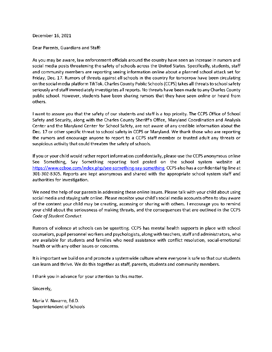 The following is a letter shared earlier today with CCPS parents and staff.
Students, parents, staff and community members can report any threat to school safety using our online anonymous reporting tool at ccboe.com/index.php/see-….