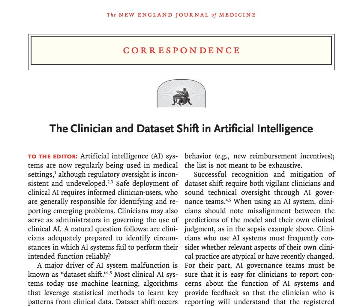 #2: This short correspondence gives a nice overview of ways to recognize and mitigate a phenomenon known as dataset shift

Access (paywall) 👉 nejm.org/doi/10.1056/NE…
Key table of the article freely available 👉 sgfin.github.io/assets/dataset…