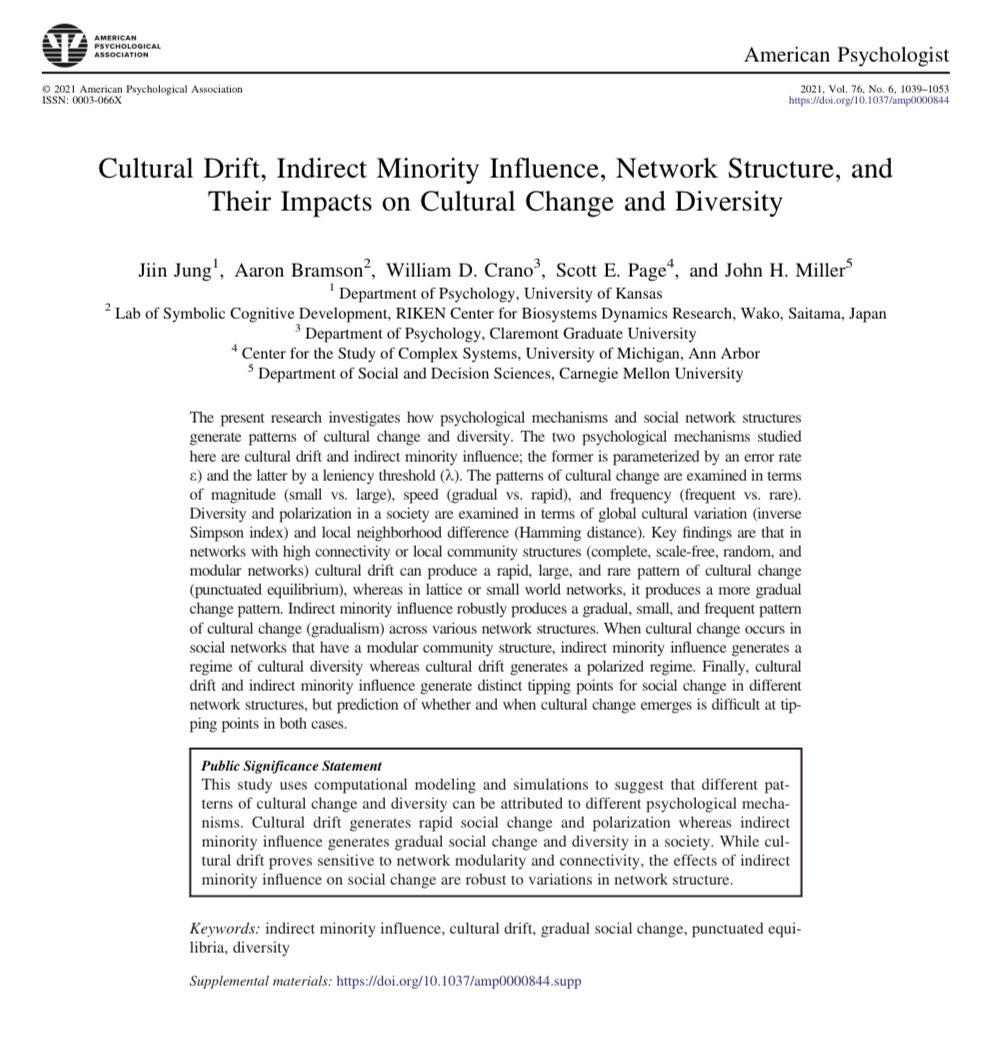 JiinJung3's tweet image. Our study uses agent-based modeling and simulation experiments to investigate how social psychological mechanisms and social network structures generate different patterns of collective behaviors such as cultural change, diversity, and polarization.